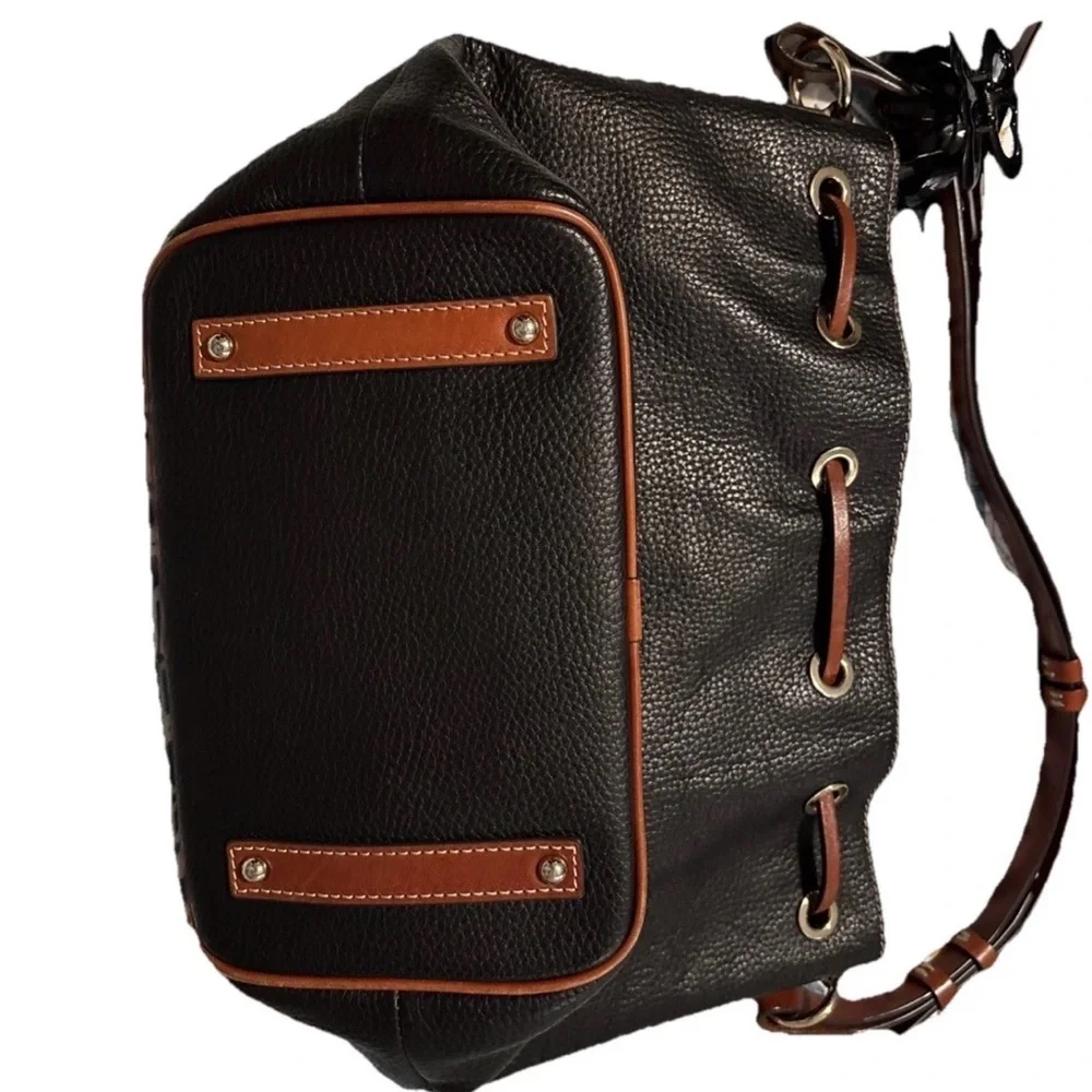Dooney & Bourke Black Pebbled Leather Drawstring Bucket Bag with Brown Trim - Picture 6 of 11